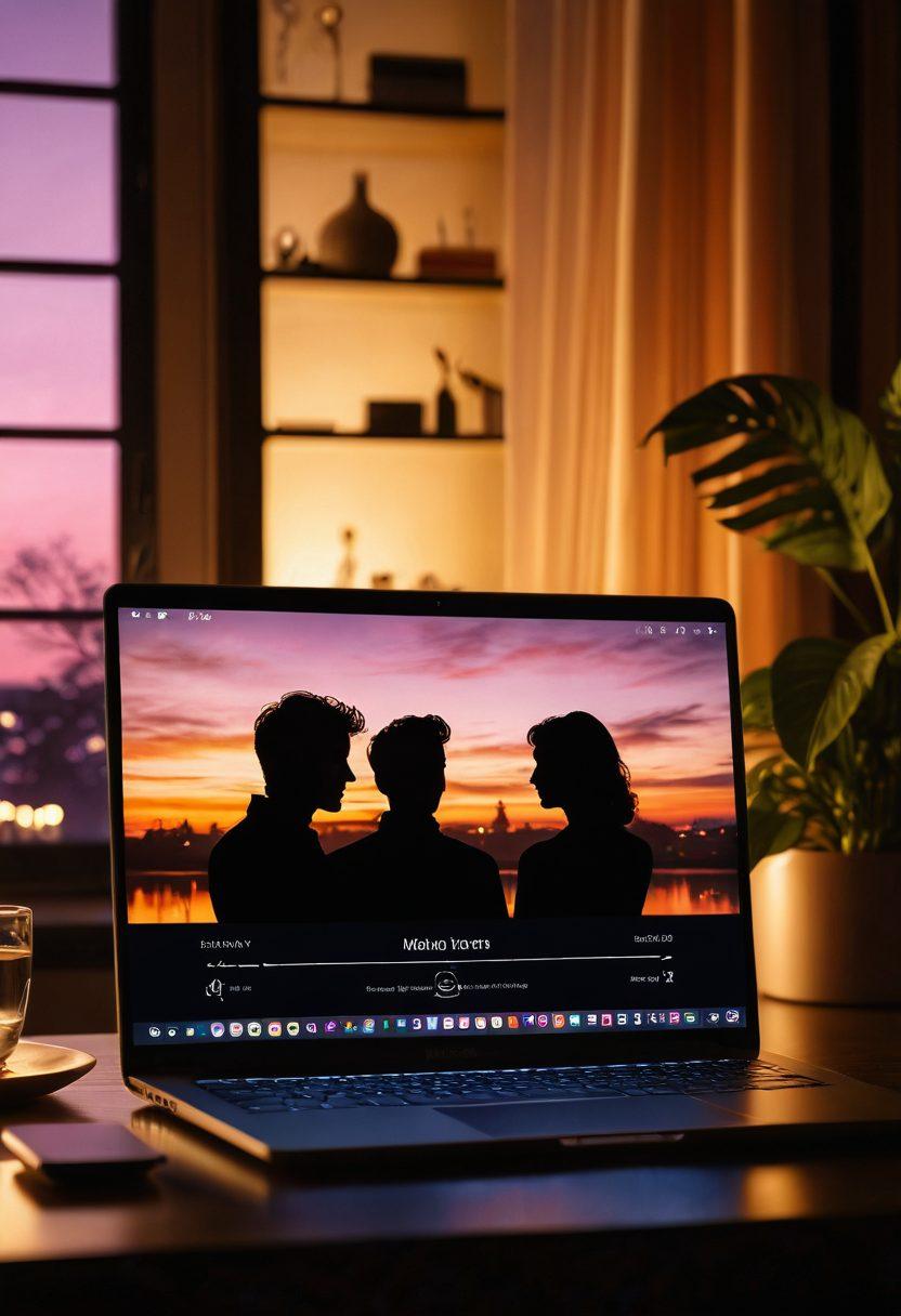 A sleek laptop screen displaying a stylish streaming platform interface, surrounded by soft, ambient lighting. Silhouettes of a couple enjoying a cozy movie night in a luxurious setting. Emphasize the mix of elegance and intimacy. super-realistic. vibrant colors. modern style.