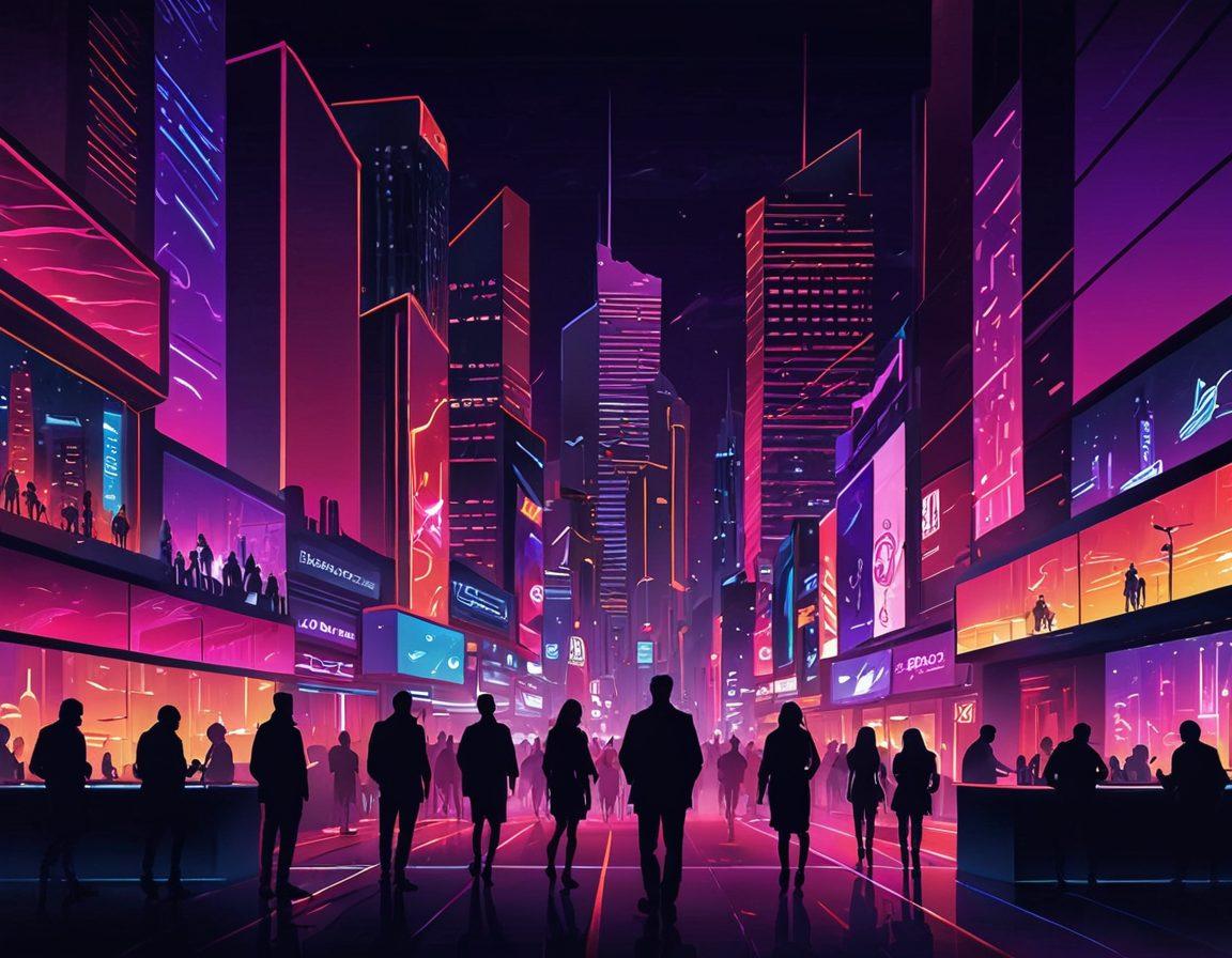 A sleek, contemporary design featuring an abstract, neon-lit cityscape. Within the cityscape, silhouettes of diverse adults enjoying entertainment are subtly woven into the scene. The palette should be rich with luxurious colors like deep reds, purples, and metallics to evoke a sense of exclusivity and excitement. The backdrop subtly hints at screens and video play icons without being overtly explicit. vector art. vibrant colors. dark background.